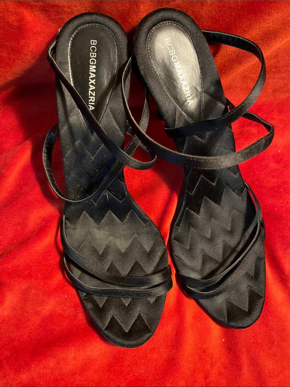 BCBGMaxAzria Black Satin Strappy Heeled Sandals - Picture 2 of 6